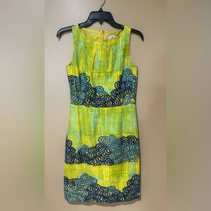 Tabitha Yellow-Green Sheath Dress with Navy Embroidery